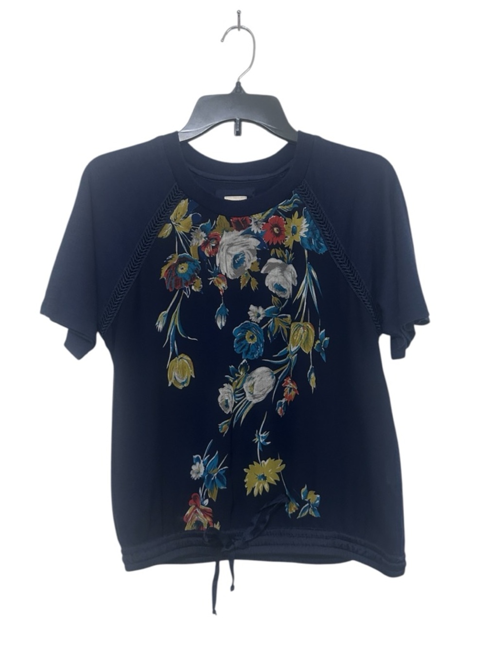 TINY Anthropologie Navy Blue Floral Mixed Media Drawstring Hem Blouse XS
